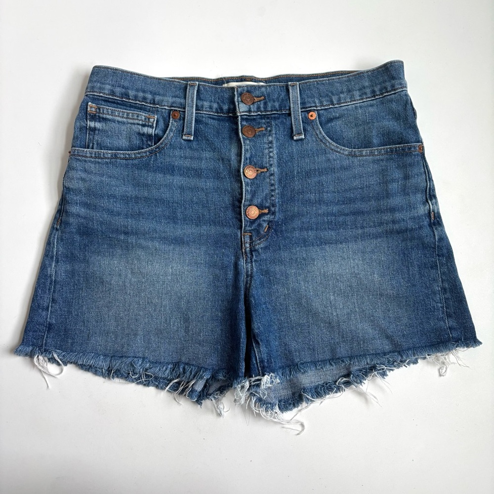 Madewell High Rise Blue Denim Jean Shorts Distressed Frayed Hem Size 28